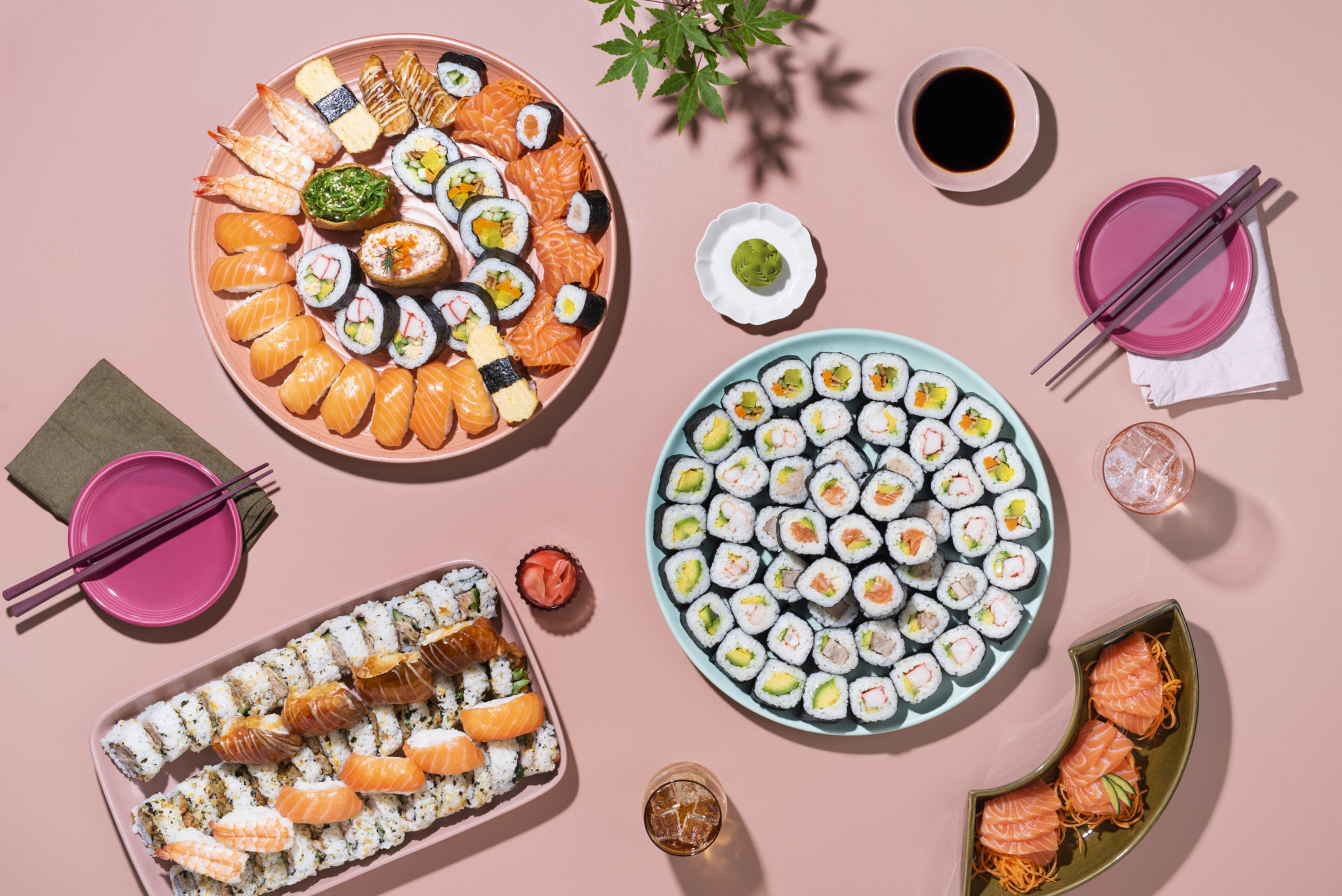 Prepared platters of sushi, ready to serve